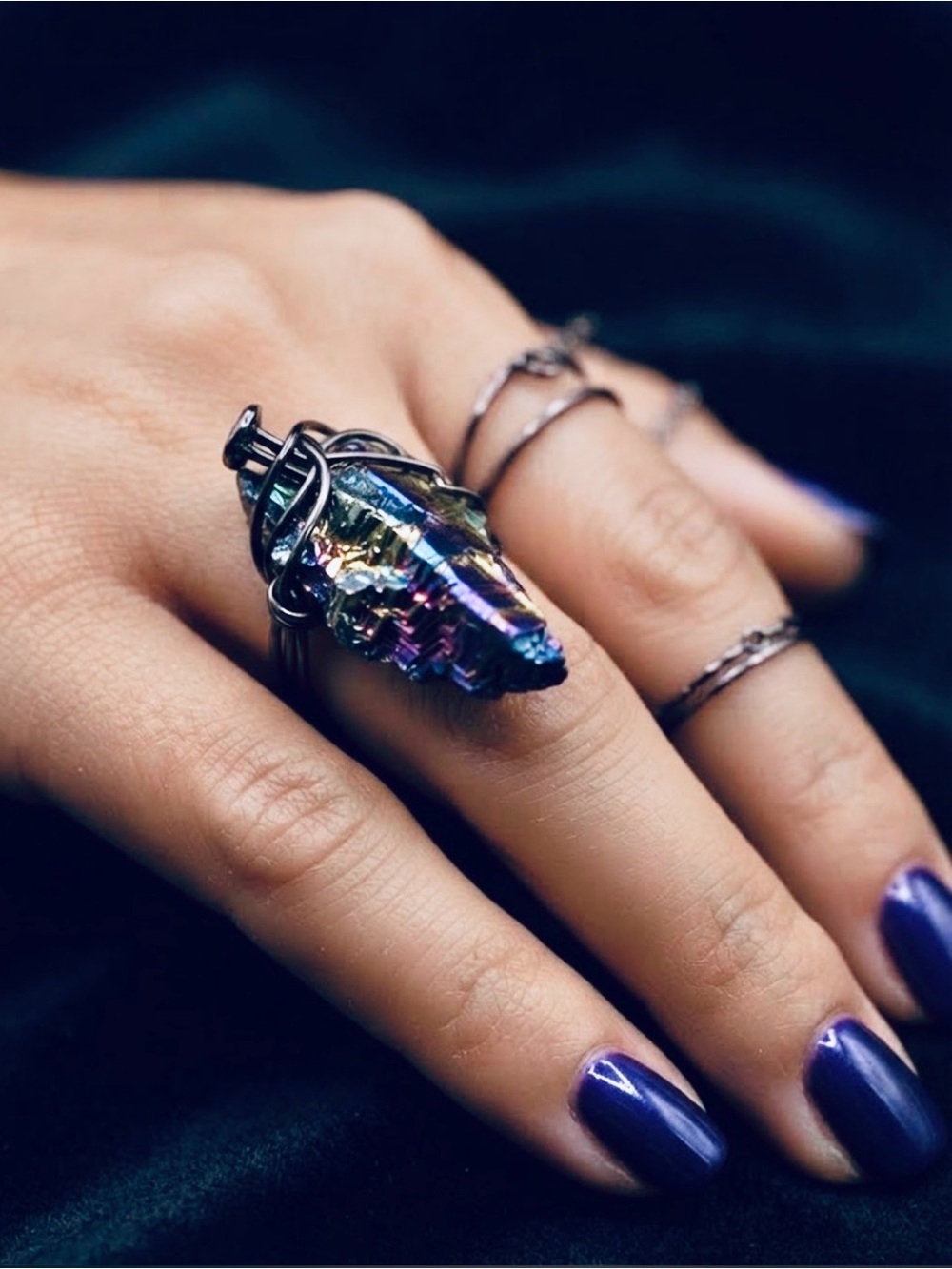 Iridescent Titanium Quartz Arrowhead Ring - Rainbow Crystal size 8